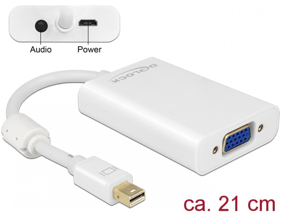 Imagine Adaptor mini Displayport la VGA + Audio + Alimentare Alb T-M, Delock 65599