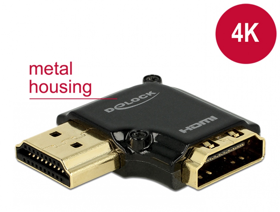 Imagine Adaptor HDMI-A T-M unghi 90 grade stanga 4K carcasa metalica, Delock 65660