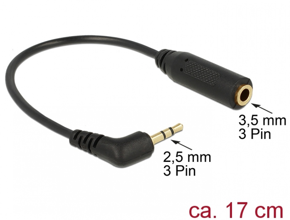 Imagine Cablu Stereo jack 2.5 mm 3 pini la jack 3.5 mm 3 pini unghi T-M, Delock 65672