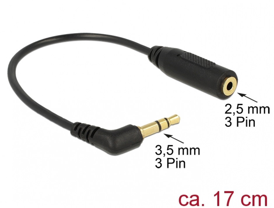 Imagine Cablu Stereo jack 3.5 mm 3 pini la jack 2.5 mm 3 pini T-M unghi, Delock 65675