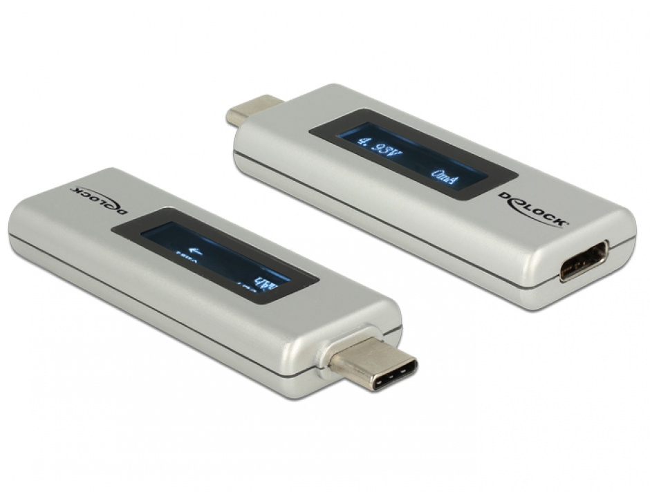 Imagine Adaptor USB-C PD (Power Delivery) cu indicator OLED pentru amperaj si voltaj, Delock 65844