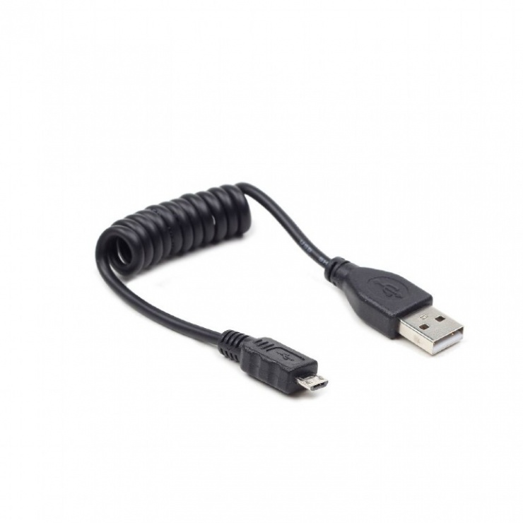 Imagine Cablu micro USB-B la USB 2.0 spiralat 0.6m Negru, Gembird CC-mUSB2C-AMBM-0.6M