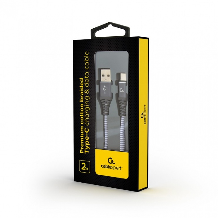 Imagine Cablu USB 2.0 la USB-C Premium Alb/Gri brodat 2m, Gembird CC-USB2B-AMCM-2M-WB2