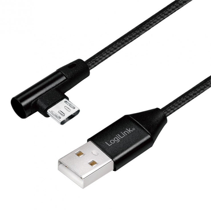 Imagine Cablu USB 2.0 la micro USB-B unghi 90 grade T-T 1m Negru, Logilink CU0142