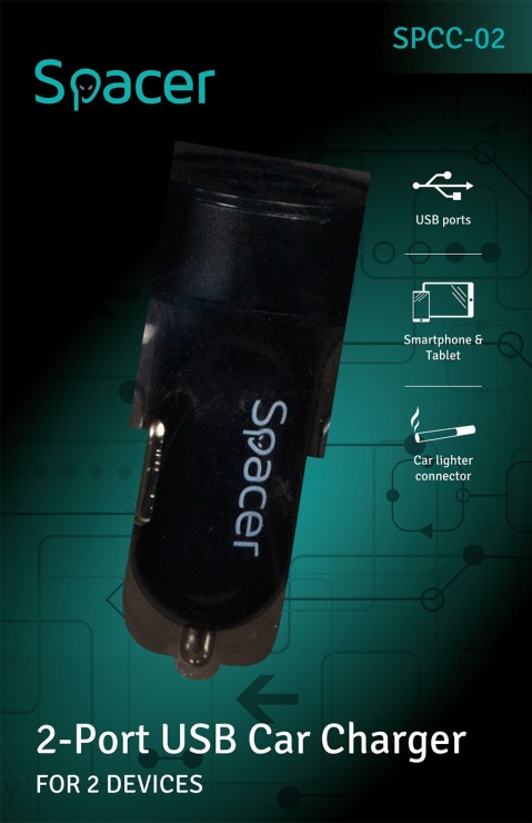 Imagine Incarcator auto 2 x USB Negru, Spacer SPCC-02