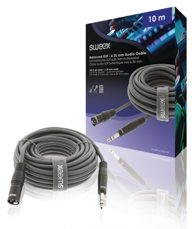 Imagine Cablu audio jack stereo 6.35mm la XLR 3 pini T-T 10m Gri, Sweex SWOP15100E100-2
