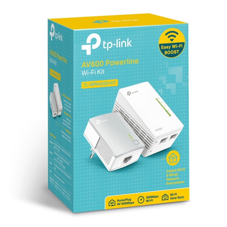 Imagine Kit 2 adaptoare Powerline Extender Wi-Fi AV600 300Mbps, TP-Link TL-WPA4220KIT-7