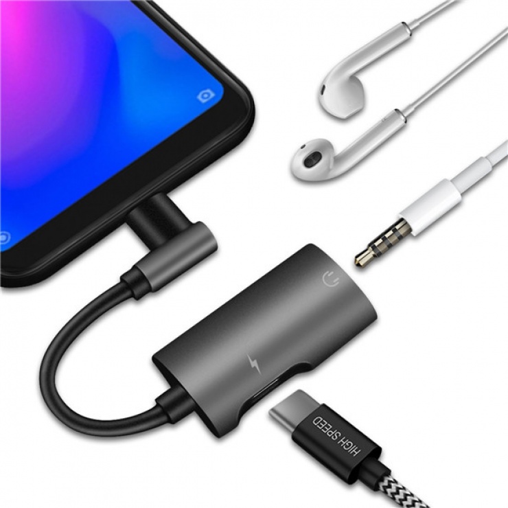 Imagine Adaptor audio + incarcare USB-C la USB-C + jack stereo 3.5mm T-M, DUX DUCIS