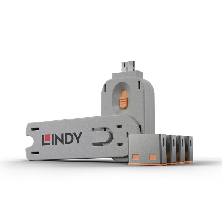 Imagine Sistem de blocare Port USB cheie + 4 incuietori Portocaliu, Lindy L40453