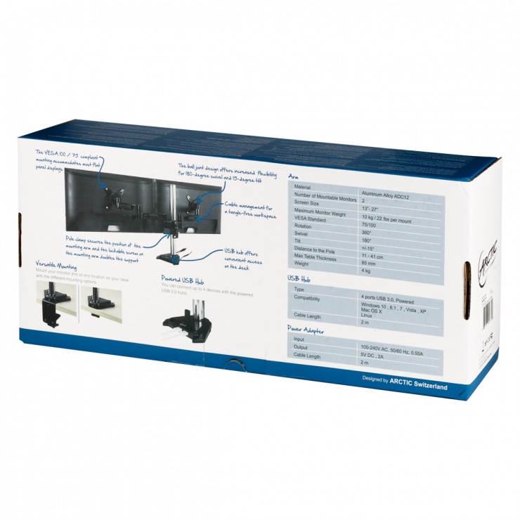 Imagine Suport montare masa pentru 2 monitoare + HUB USB 3.0, Arctic Z2 Pro Gen 3-13