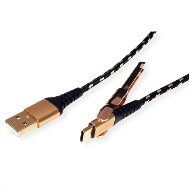 Imagine Cablu de date + incarcare GOLD USB 2.0 la USB-C T-T 1m + suport smartphone, Roline 11.02.8920