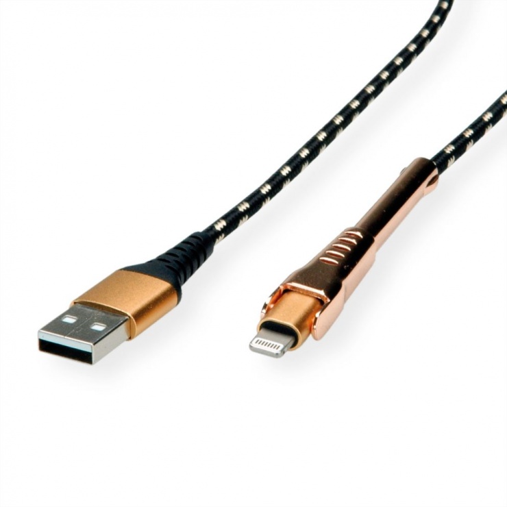 Imagine Cablu de date + incarcare GOLD USB la iPhone Lightning MFI T-T 1m + suport smartphone, Roline 11.02.8923