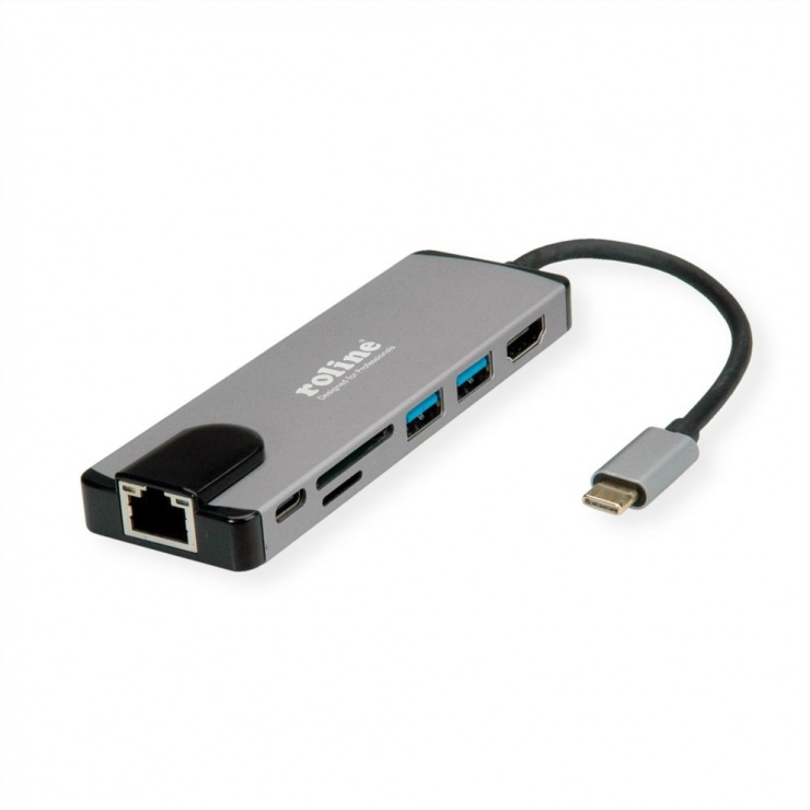 Imagine Docking station USB-C 3.1 Gen 2 la 1 x HDMI, 1 x Gigabit LAN, 2 x USB, 1 x SD, 1 x Micro SD slot, 1 x USB-C PD, Roline 12.02.1118