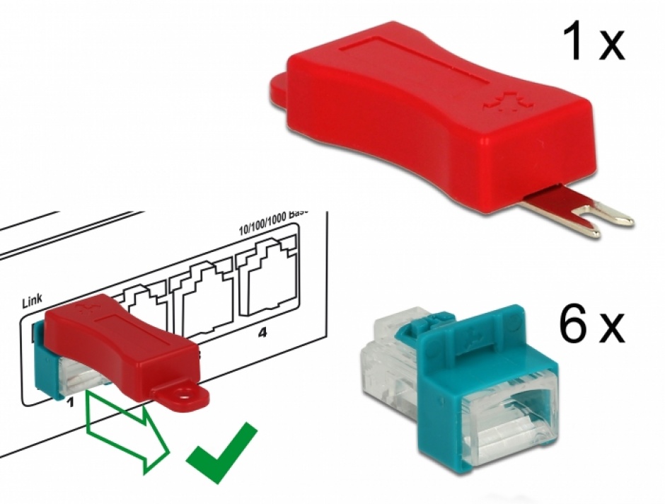 Imagine Set 6 buc clips securizare mufa RJ45 + cheie, Delock 86425