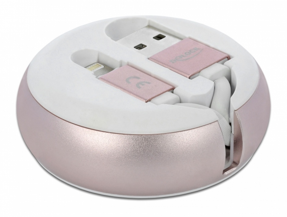 Imagine Cablu de date si incarcare USB 2.0 la Lightning retractabil Alb/Roz, Delock 85817