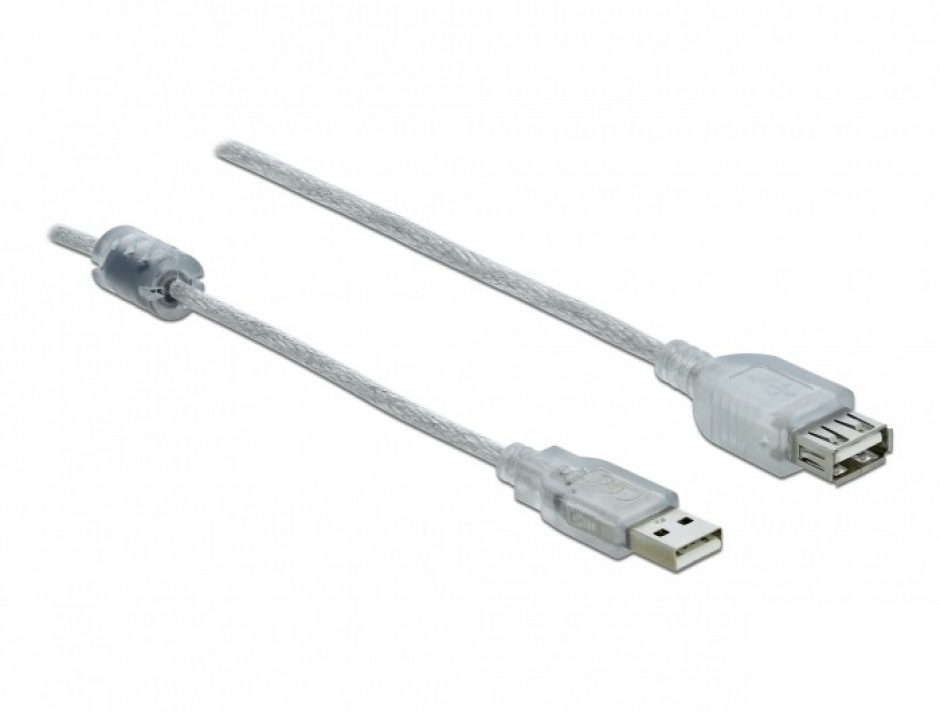 Imagine Cablu prelungitor USB 2.0 T-M cu ferita 1.5m transparent, Delock 83882