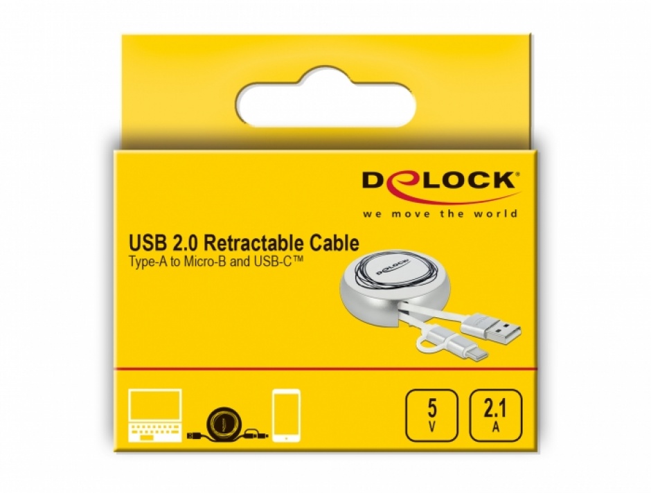 Imagine Cablu de date si incarcare USB 2.0 la micro USB-B + USB-C retractabil Alb/Argintiu, Delock 85821