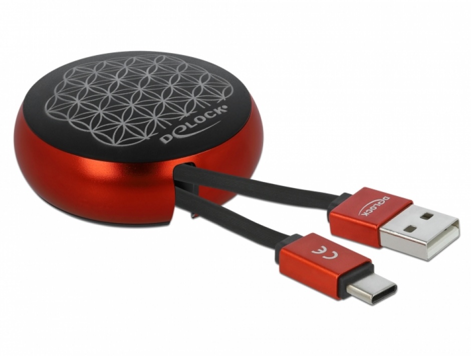 Imagine Cablu de date si incarcare USB 2.0 la USB-C retractabil Negru/Rosu, Delock 85819