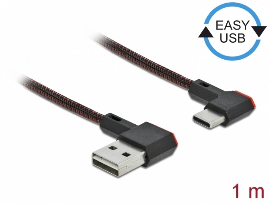 Imagine Cablu EASY-USB 2.0 la USB-C unghi stanga/dreapta 1m textil, Delock 85281