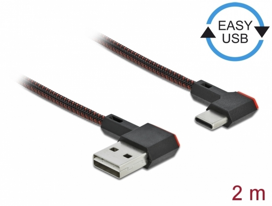 Imagine Cablu EASY-USB 2.0 la USB-C unghi stanga/dreapta 2m textil, Delock 85283