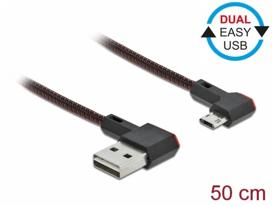Imagine Cablu EASY-USB 2.0 la micro-B EASY-USB unghi stanga/dreapta 0.5m textil, Delock 85270
