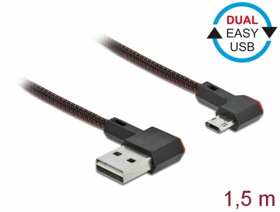 Imagine Cablu EASY-USB 2.0 la micro-B EASY-USB unghi stanga/dreapta 1.5m textil, Delock 85272