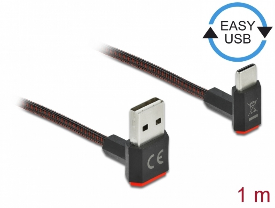 Imagine Cablu EASY-USB 2.0 la USB-C unghi sus/jos 1m textil, Delock 85276