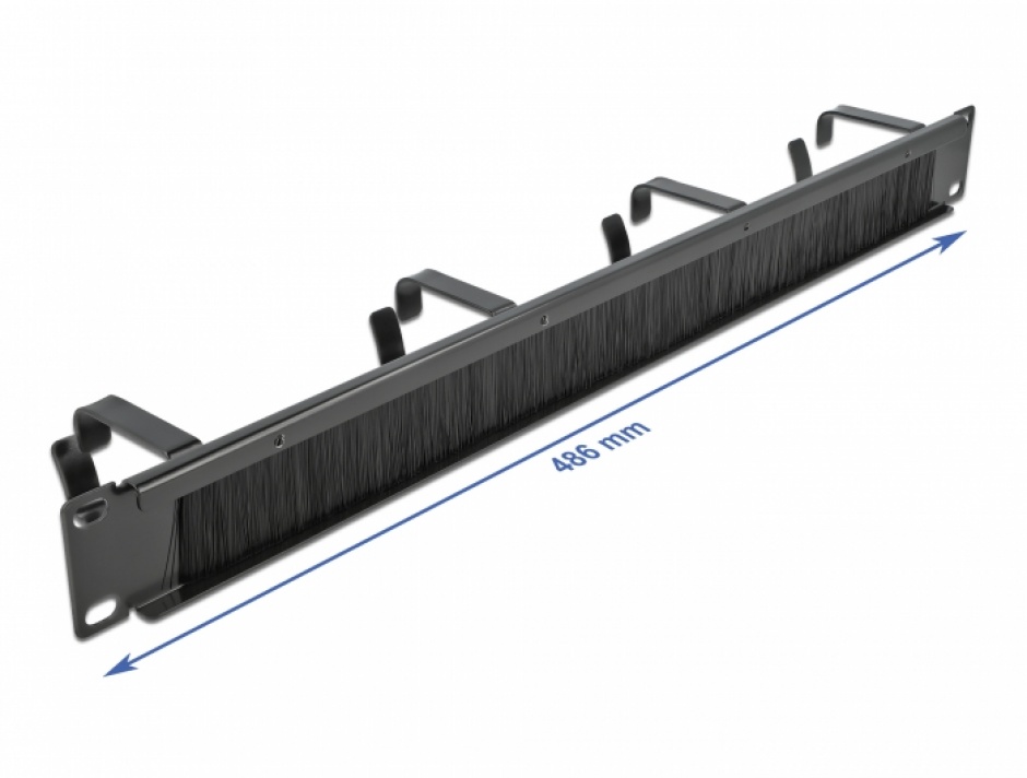 Imagine Organizator cabluri 19" 1U pentru cabinet cu 4 inele + perii Negru, Delock 66489
