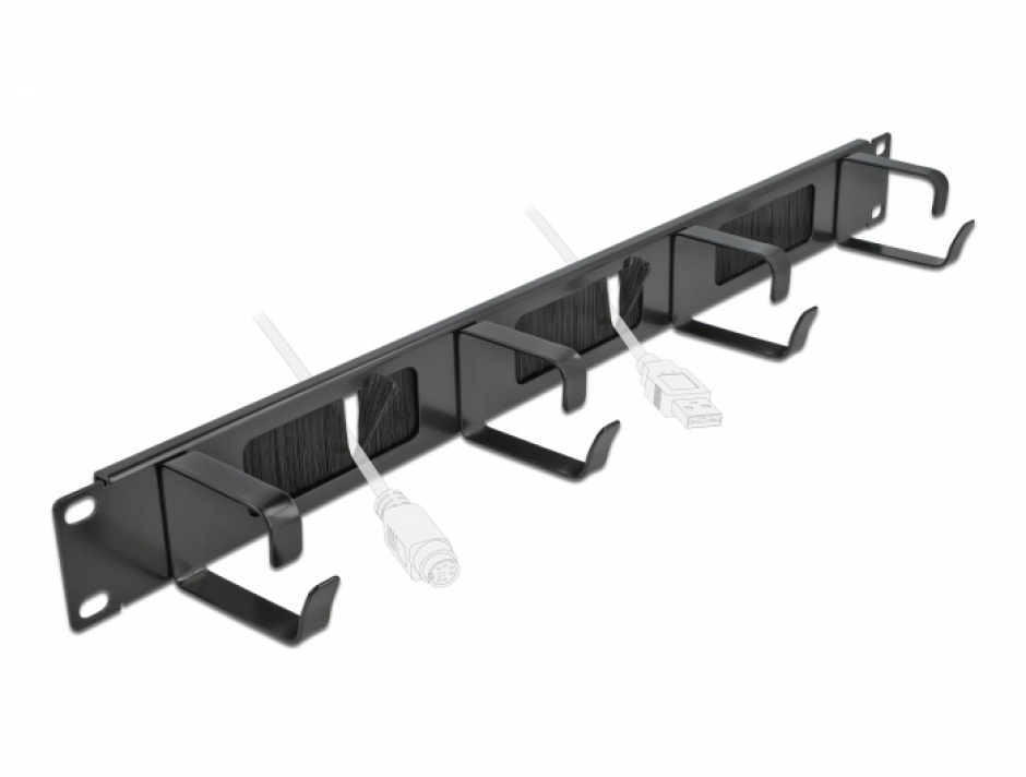 Imagine Organizator cabluri 19" 1U pentru cabinet cu 4 inele + perii Negru, Delock 66489