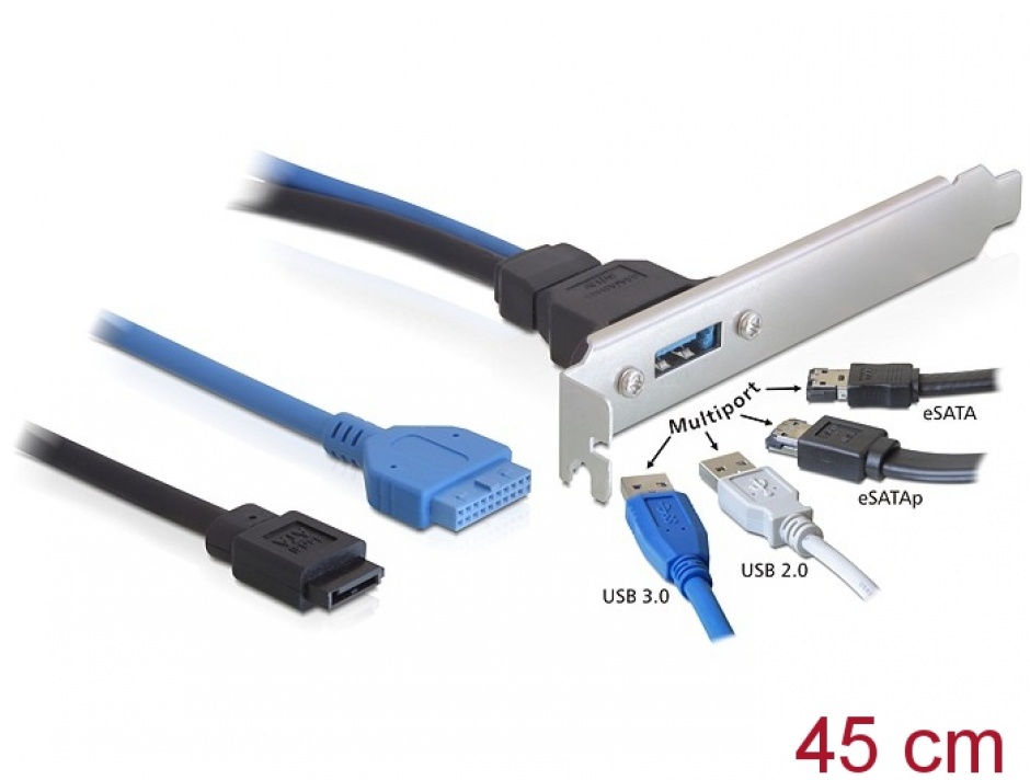 Imagine Bracket USB 3.0 19 pini header + SATA 7 pini intern la 1 x Multiport extern, Delock 82978