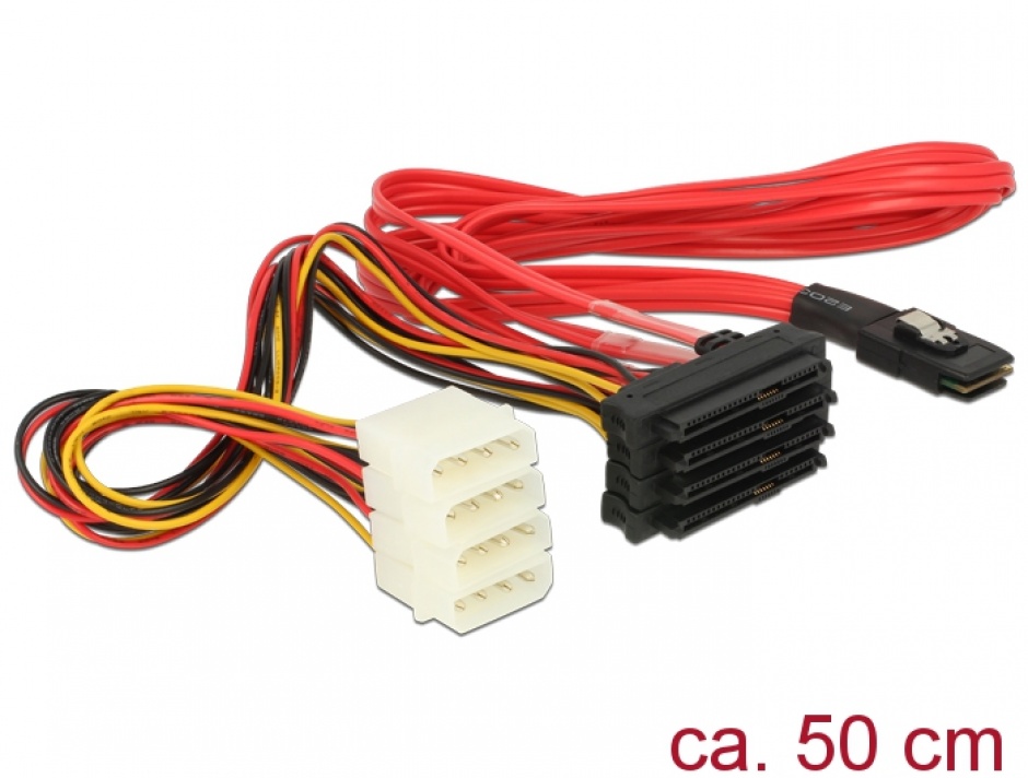 Imagine Cablu mini SAS SFF-8087 la 4 x SAS SFF-8482 + alimentare 50cm, Delock 83059