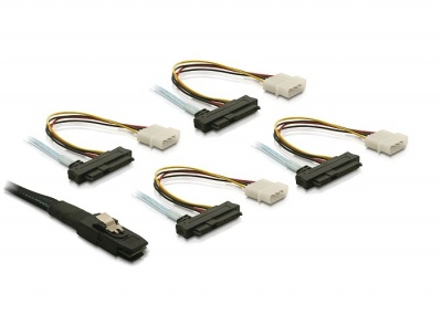 Imagine Cablu mini SAS 26 pini SFF 8086 la 4 x SAS 29 pini SFF 8482 cu alimentare 0.5m, Delock 83065