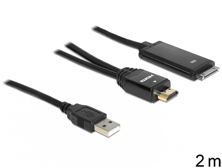 Imagine Cablu HDMI la IPhone 30 pini cu alimentare T-T 2m, Delock 83280
