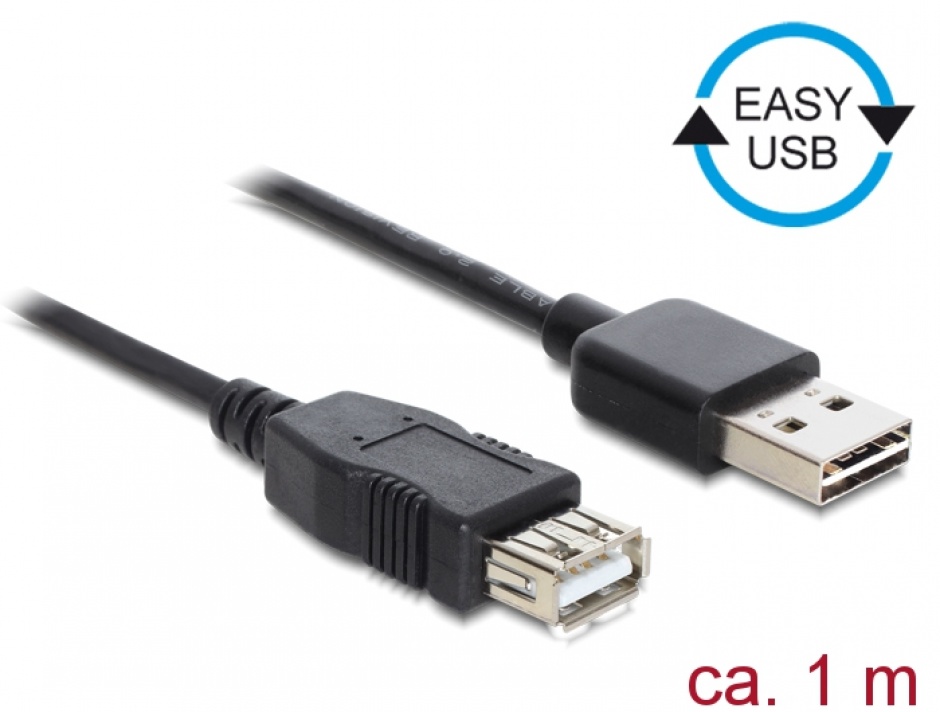 Imagine Cablu prelungitor EASY-USB 2.0-A la USB 2.0-A T-M 1m Negru, Delock 83370