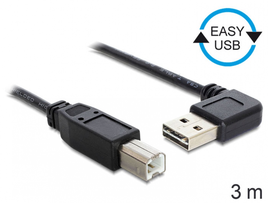 Imagine Cablu EASY-USB 2.0 tip A unghi stanga/dreapta la USB-B T-T 3m Negru, Delock 83376