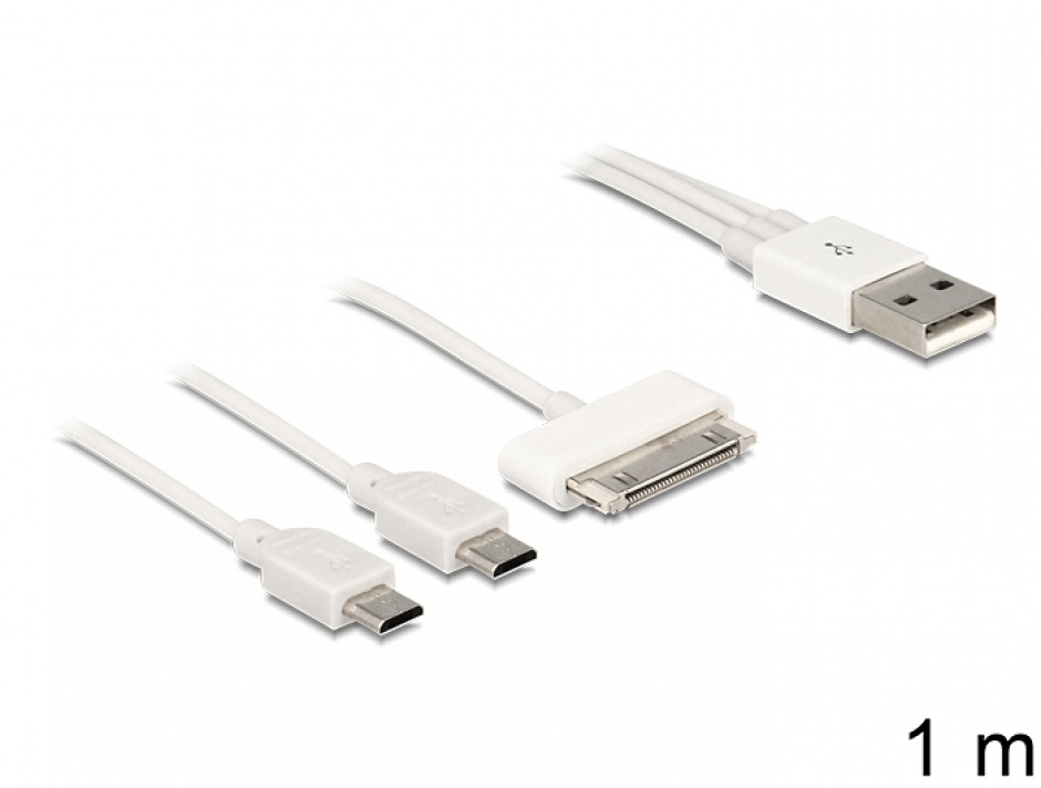 Imagine Cablu USB Multicharging 1 x 30 pini Apple/Samsung + 2 x Micro USB 1m Alb, Delock 83420