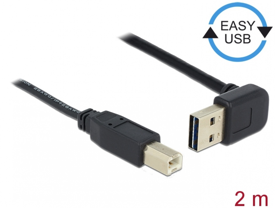 Imagine Cablu EASY-USB 2.0 tip A unghi sus/jos la USB-B T-T 2m Negru, Delock 83540