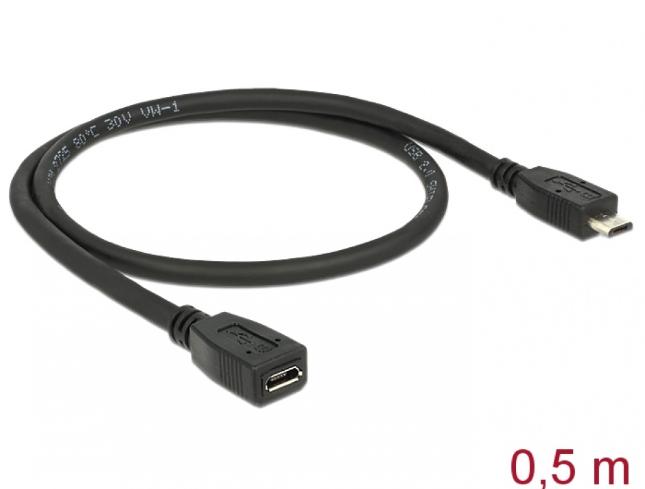 Imagine Cablu prelungitor micro USB 2.0 tip B T-M 0.5m, Delock 83567