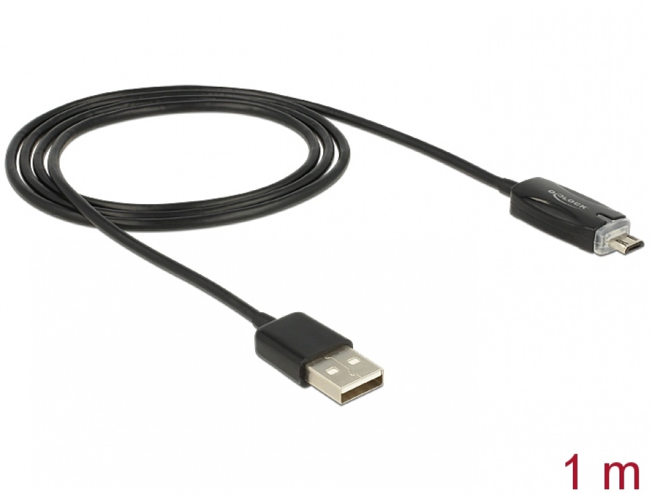 Imagine Cablu de date + incarcare USB la micro USB-B 2.0 cu LED 1m, Delock 83573