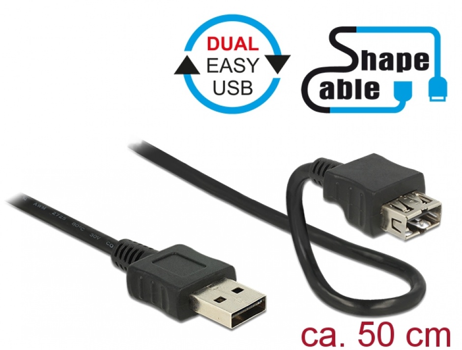 Imagine Cablu EASY-USB 2.0-A T-M Shape Cable 0.5m Negru, Delock 83663
