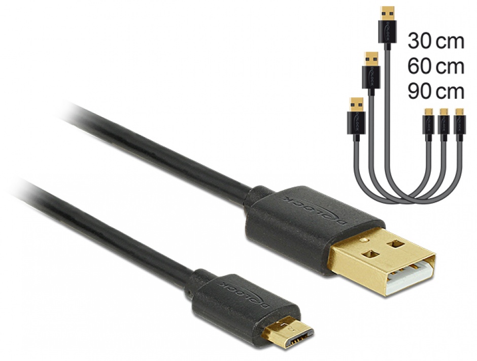 Imagine Cablu de date si incarcare Fast/Quick Charging (incarcare rapida) USB 2.0 la micro USB-B 3 buc/set Negru, Delock 83680