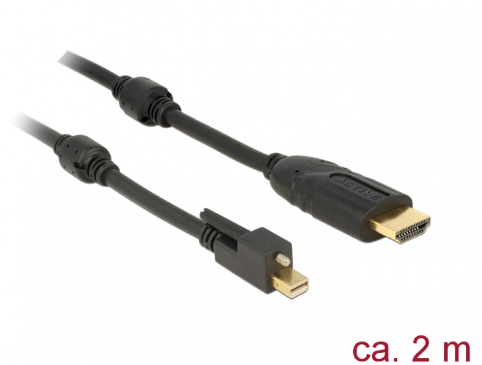 Imagine Cablu mini Displayport 1.2 la HDMI T-T 4K 2m Activ cu surub, Delock 83730