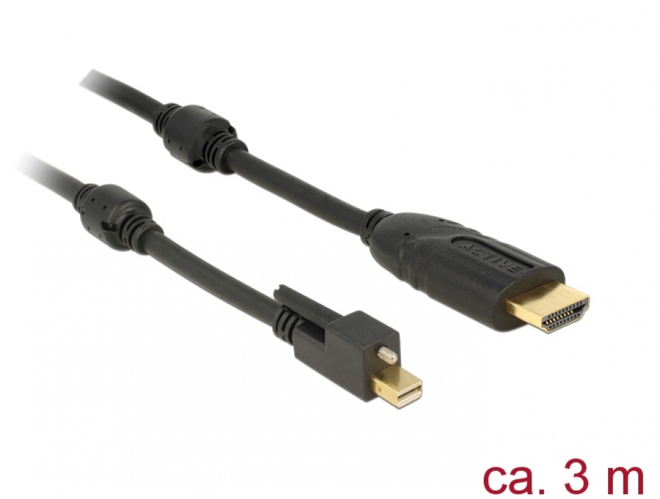 Imagine Cablu mini Displayport 1.2 cu suruburi la HDMI T-T 4K Activ 3m, Delock 83731