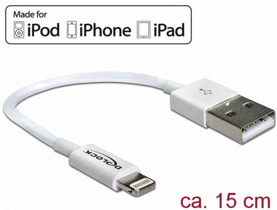 Imagine Cablu de date + incarcare Lightning MFI pentru iPhone, iPad, iPod Alb 0.15m, Delock 83871