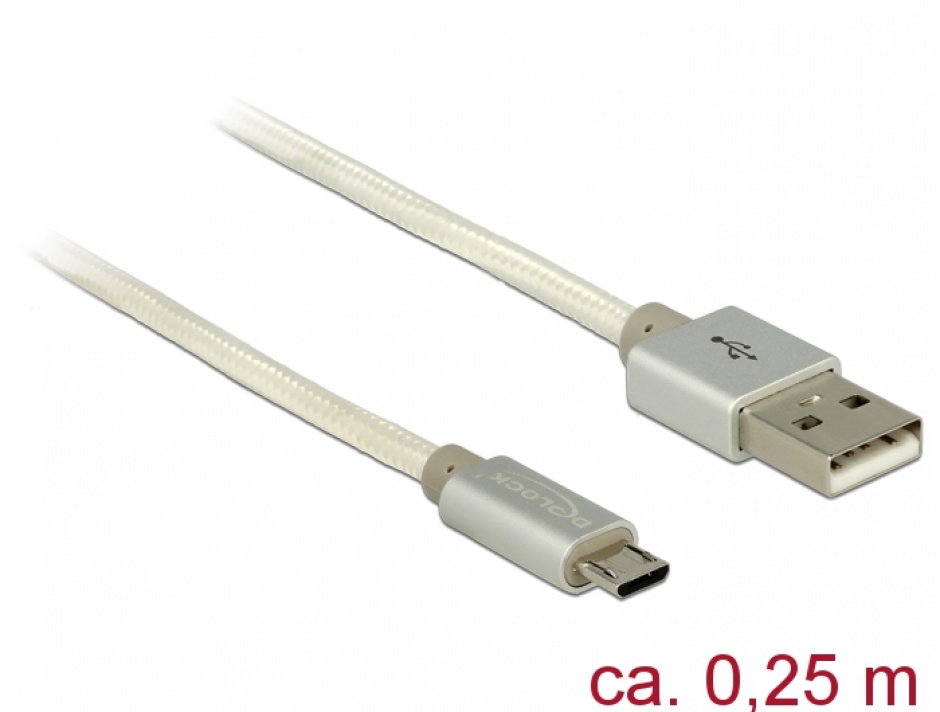 Imagine Cablu de incarcare + date micro USB-B la USB 2.0 T-T Alb 0.25m, Delock 83914