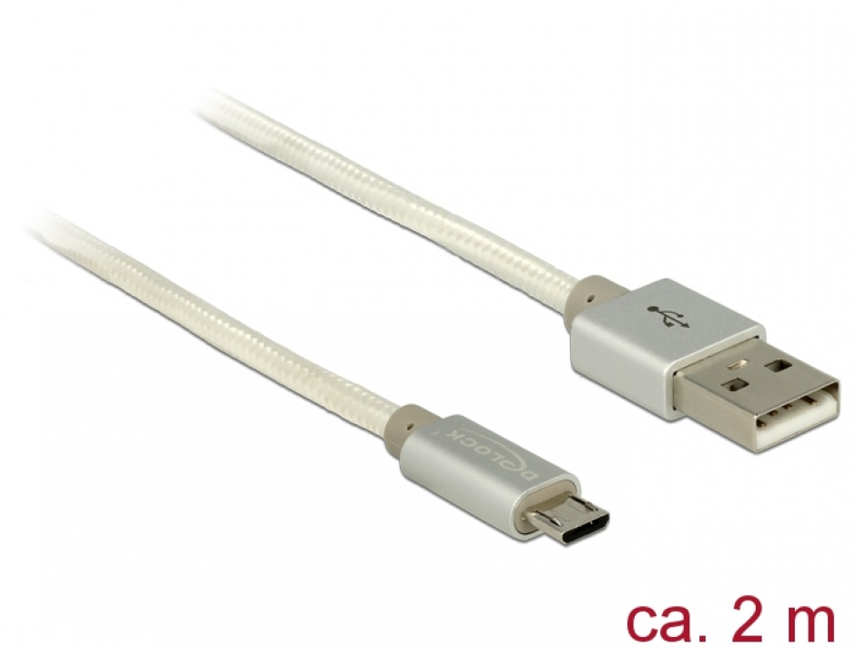 Imagine Cablu de incarcare + date micro USB-B la USB 2.0 T-T Alb 2m, Delock 83917