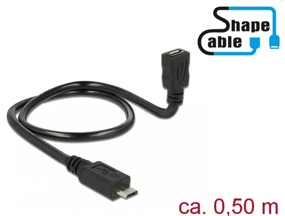 Imagine Cablu prelungitor micro USB-B 5 pini 2.0 T-M OTG ShapeCable 0.5m, Delock 83925