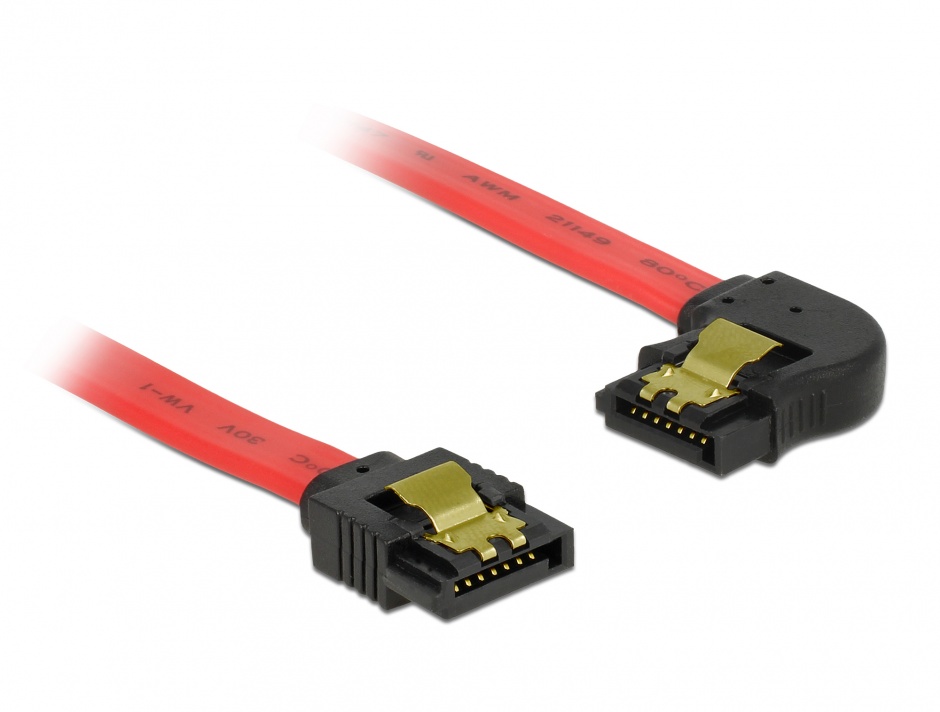 Imagine Cablu SATA III 6 Gb/s drept-unghi cu fixare Rosu 50cm, Delock 83964