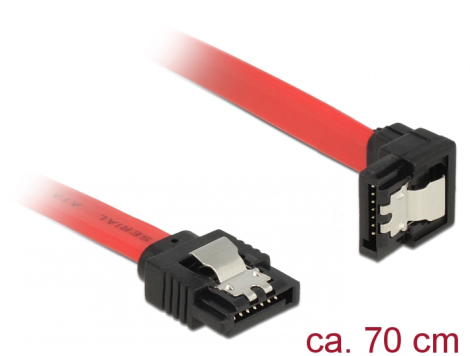 Imagine Cablu SATA III 6 Gb/s drept-unghi jos cu fixare rosu 70cm, Delock 83980