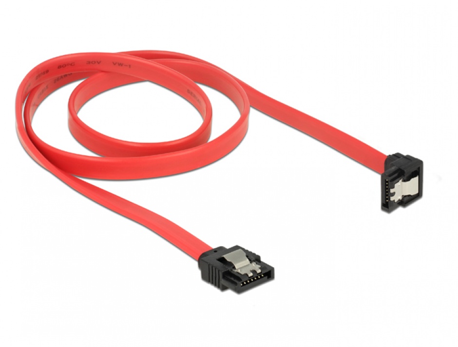 Imagine Cablu SATA III 6 Gb/s drept-unghi jos cu fixare rosu 70cm, Delock 83980